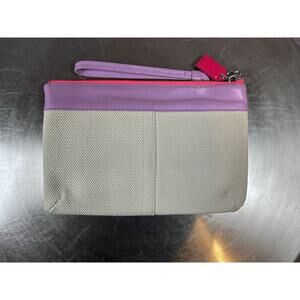 Coach Large Legacy Beach Canvas Leather Wristlet Natural Purple Neon Pink Accent